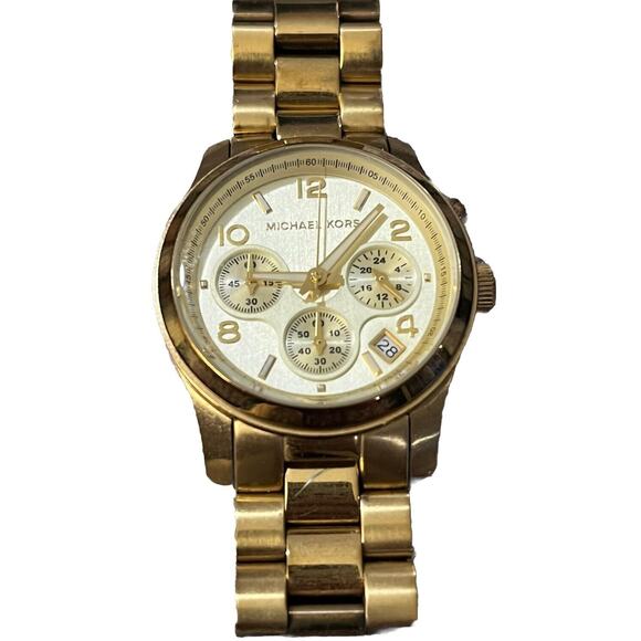 Michael Kors Womens Watch MK-5055 Runway Gold S.Steel Chrono Mk5055 New Battery - Picture 1 of 11